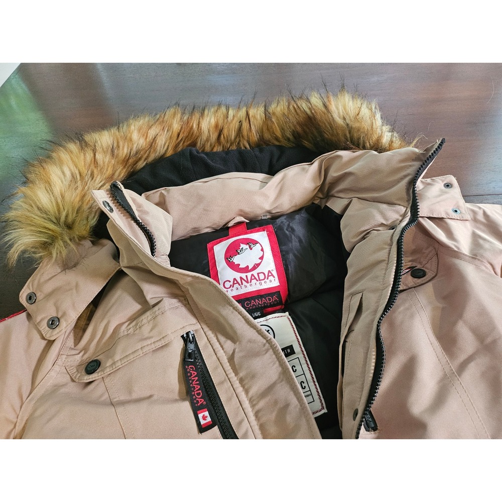 Canada Weathergear Parka Jacket Women Large Tan Faux Fur Trim Hooded Winter Coat